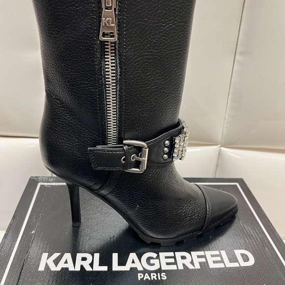 Karl Lagerfield Mable 9.5 Rhinestone Crystal Studded Leather Heel GOTH ALT - Picture 5 of 14